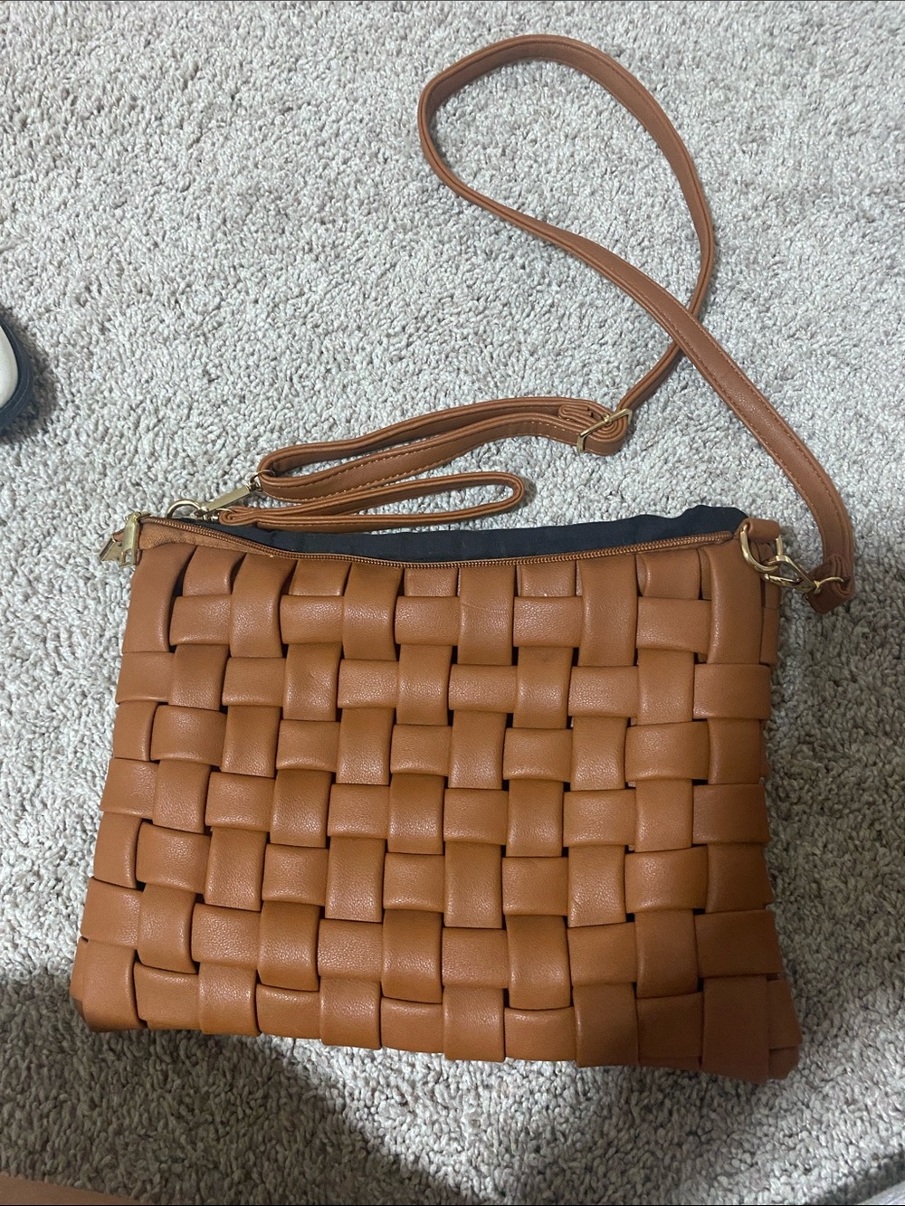 Brown Leather Basket Weave crossbody Bag
